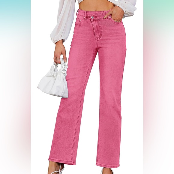 Genleck Denim - NWT Women's Pink High Waisted Crossover Jeans Wide Leg Stretchable Casual Size 8
